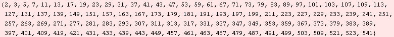 {2, 3, 5, 7, 11, 13, 17, 19, 23, 29, 31, 37, 41, 43, 47, 53, 59, 61, 67, 71, 73, 79, 83, 89, 9 ... 19, 421, 431, 433, 439, 443, 449, 457, 461, 463, 467, 479, 487, 491, 499, 503, 509, 521, 523, 541}